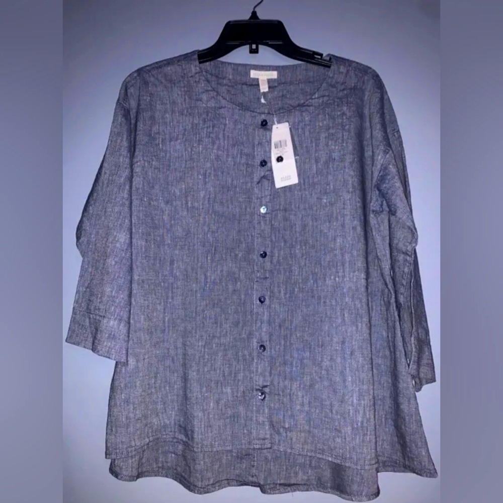 FLASH SALE! NWT Eileen Fisher Indigo Linen Organic Cotton Ballet-Neck Shirt SzSp